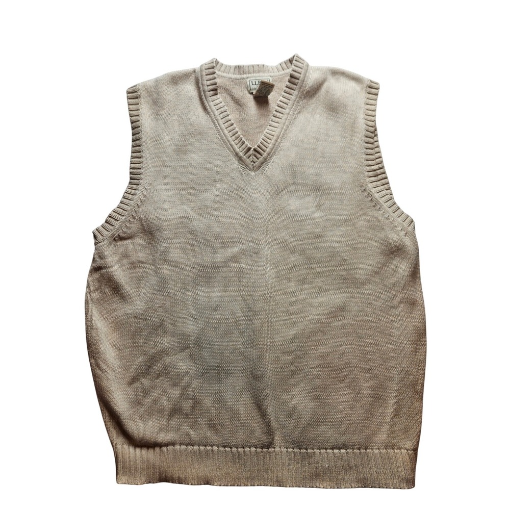 LL Bean Men Sweater Vest Large Beige Oatmeal 100% Cotton V-Neck Knit Vintage Y2K - Picture 1 of 3